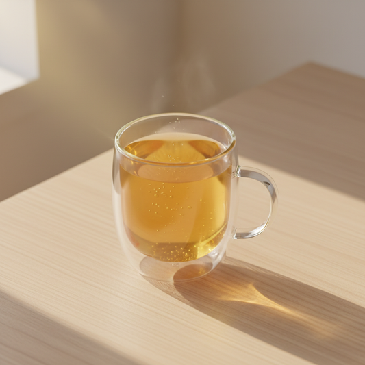 Infusión de melón y mango servida en taza de vidrio de doble pared sobre mesa minimal con luz dorada
