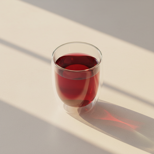 Infusión de frutas y flor de granada servida en taza de vidrio de doble pared sobre mesa minimal con luz dorada