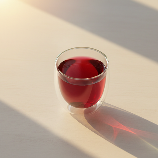 Infusión de frutas y flor de granada servida en taza de vidrio de doble pared sobre mesa minimal con luz dorada
