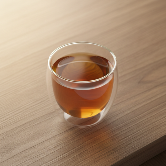 Infusión de cardo mariano en taza de doble vidrio térmico sobre mesa minimal