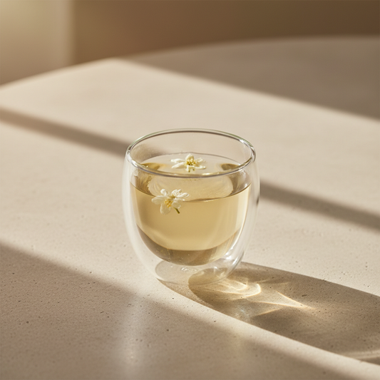 Té verde de jazmín servido en taza de doble vidrio térmico sobre mesa minimal con luz suave
