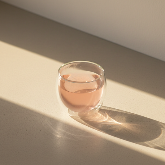 Infusión de maracuyá y rosa servida en taza de vidrio de doble pared, líquido rosa-naranja pálido, mesa minimal con luz dorada