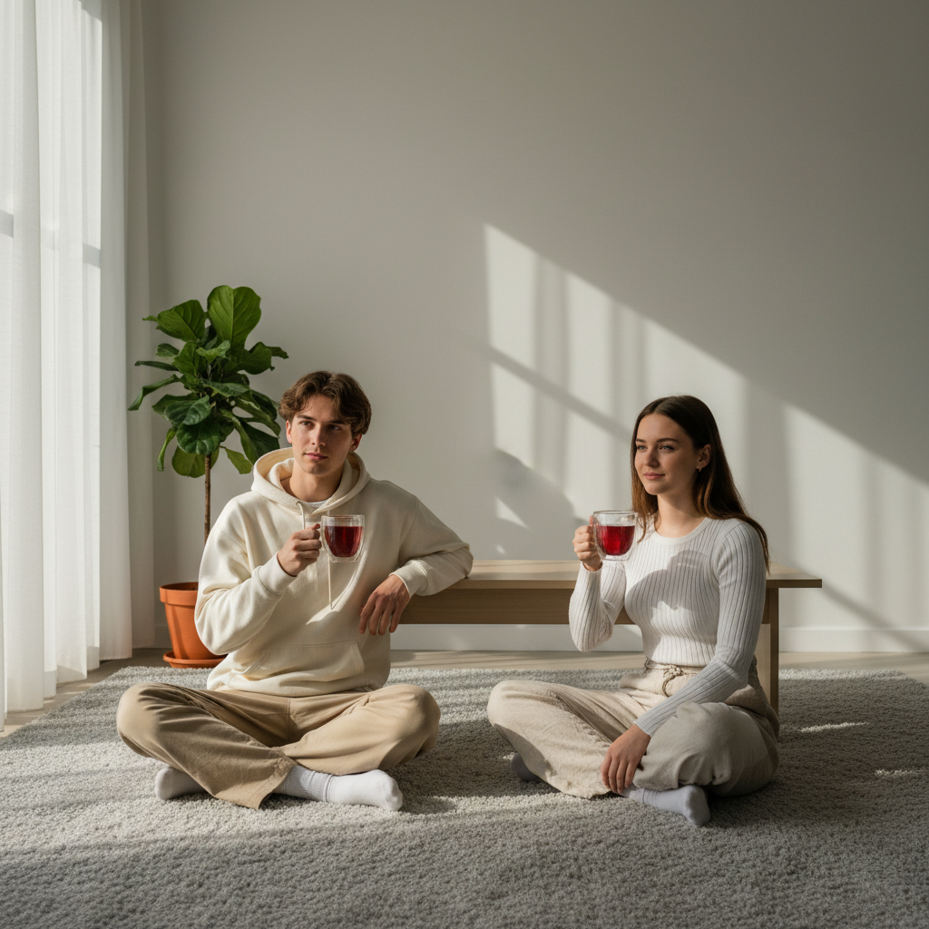 Adolescentes Gen Z bebiendo infusión de frutos del bosque en tazas de vidrio de doble pared en espacio minimal aesthetic con luz dorada