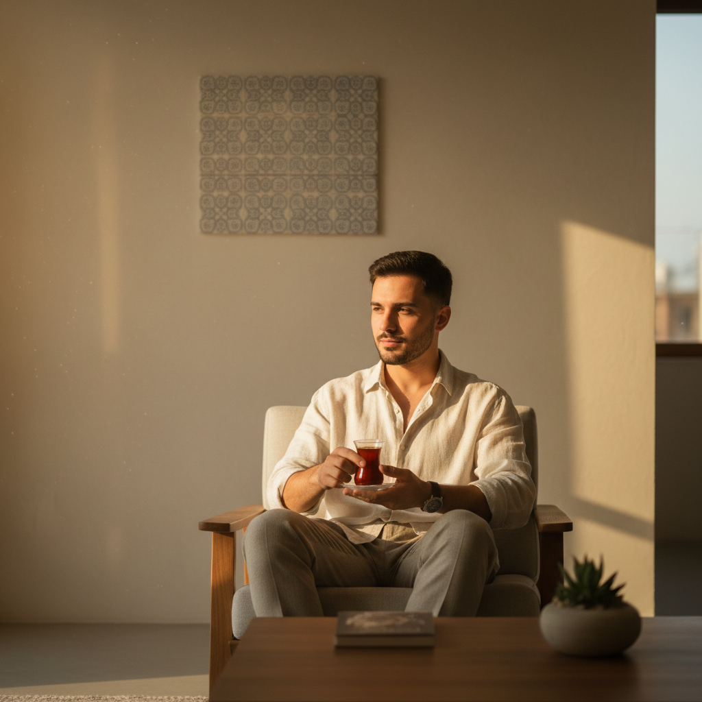 Hombre joven en interior minimal con guño suave a azulejo İznik turco al fondo bebiendo té negro turco en taza tulipán de vidrio con luz dorada