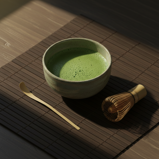Ritual de matcha ceremonial completo: cuenco chawan con matcha verde esmeralda espumoso, chasen y chashaku de bambú sobre mesa de bambú oscuro con luz dorada