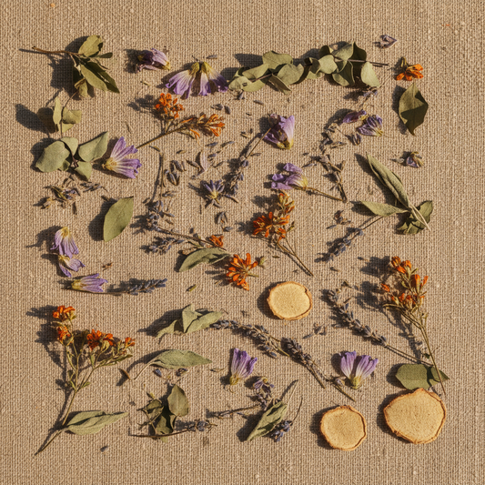 Plantas secas BRONQUIFLU: eucalipto, malva, lavanda, salvia, mejorana, erísimo y jengibre secos sobre lienzo de lino