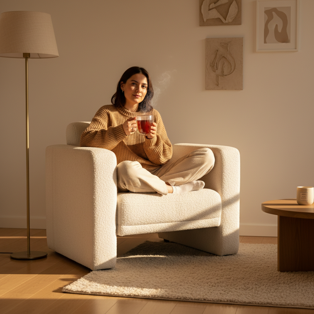 Mujer joven acurrucada en sillón minimal acogedor por la noche bebiendo té rojo con canela y limón en taza de vidrio de doble pared con luz dorada cálida
