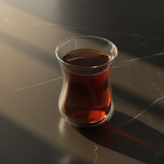Té negro turco çay en taza tulipán ince belli de vidrio de doble pared sobre mármol negro con luz dorada