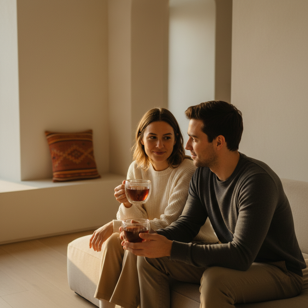 Pareja joven en interior minimal cálido con guño sutil a textil geométrico paquistaní en terracota bebiendo té negro paquistaní en tazas de vidrio de doble pared con luz dorada