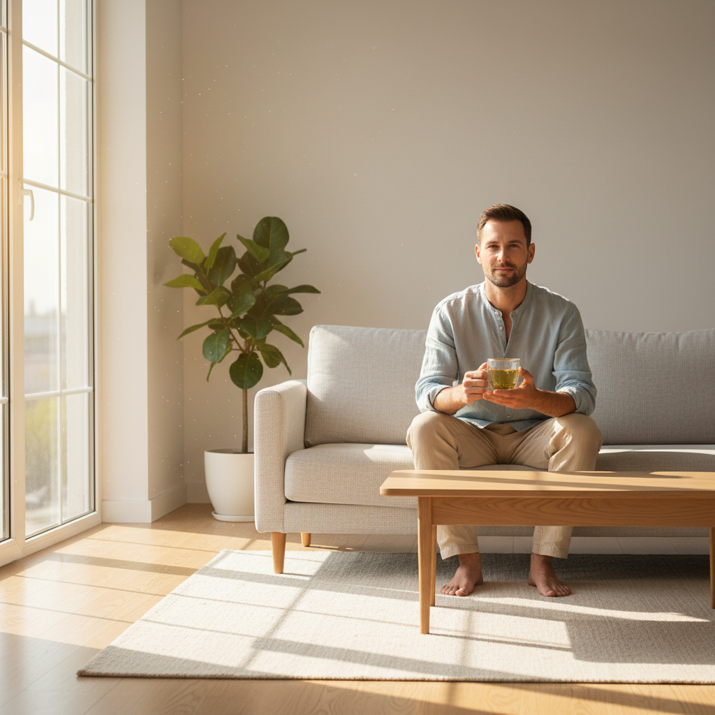 Hombre joven en salón minimal bebiendo té verde chai con cúrcuma en taza de vidrio de doble pared con luz dorada de tarde
