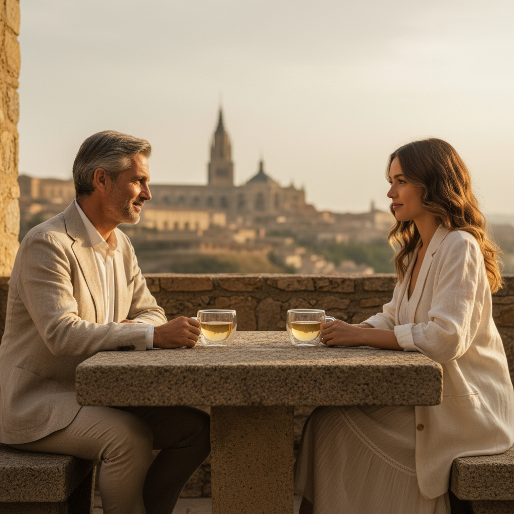 Pareja elegante old money en terraza toledana con tazas de té blanco sobre la mesa y catedral de Toledo al fondo, luz dorada de tarde