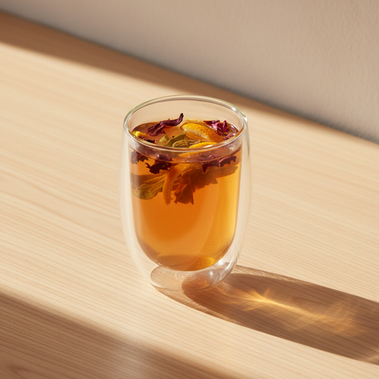 Té verde atardecer en Toledo servido en taza de vidrio de doble pared, líquido ámbar-naranja rojizo, mesa de madera clara con luz dorada