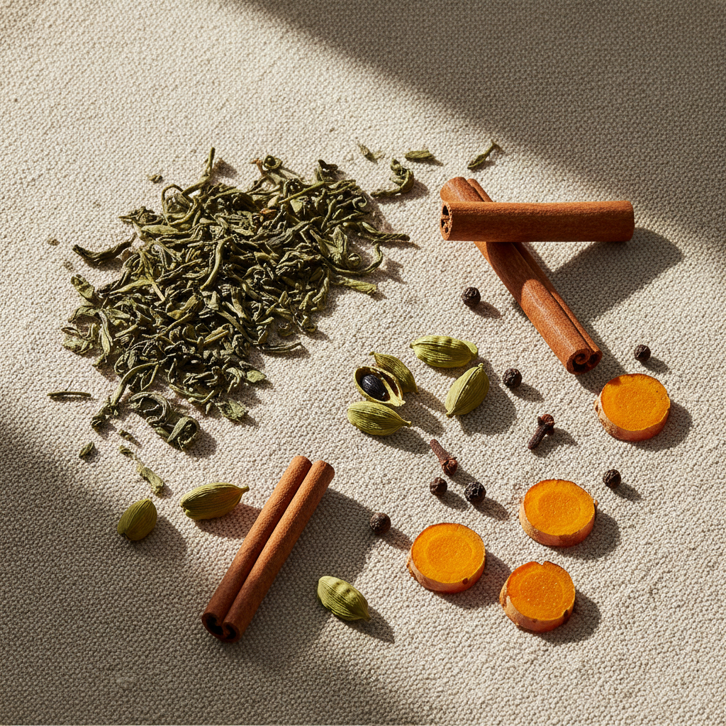 Hojas de té verde chai con cúrcuma y especias sobre lino natural con luz suave
