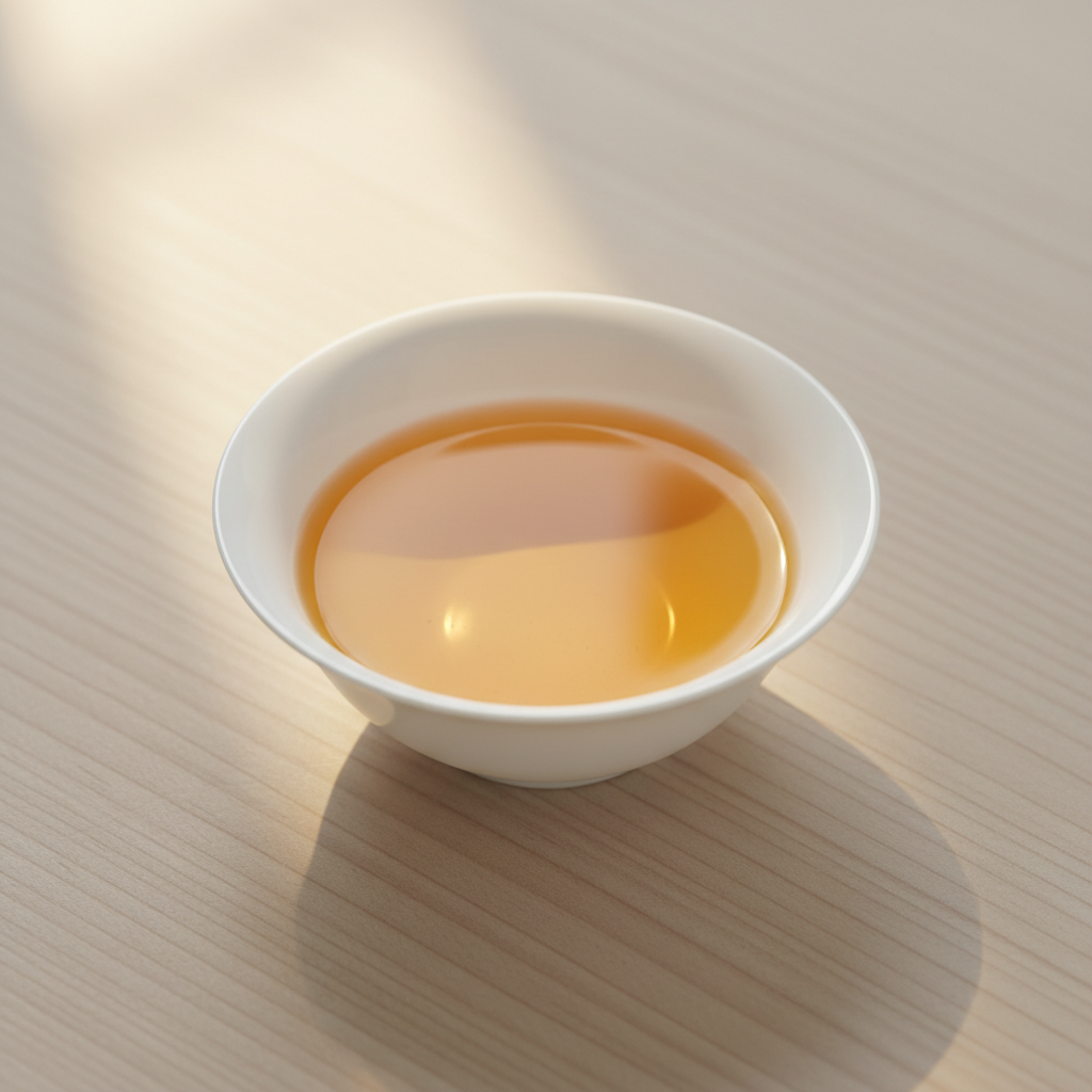 Té oolong servido en taza baja y plana de porcelana bone china, líquido ámbar dorado brillante, mesa de fresno con luz dorada