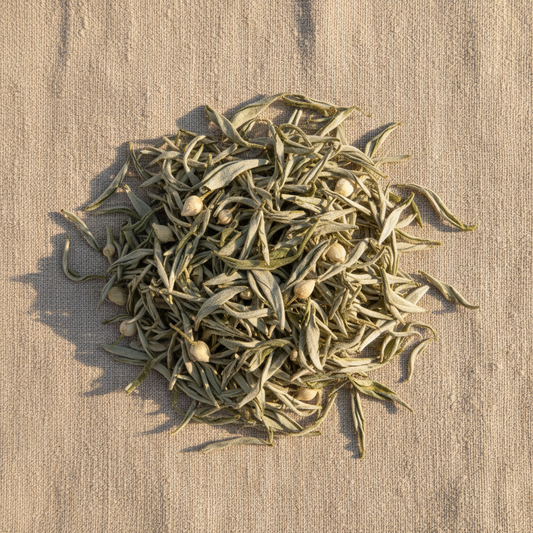 Hojas grandes abiertas de té blanco Pai Mu Tan con yemas plateadas sobre lienzo de lino con luz dorada, composición minimalista