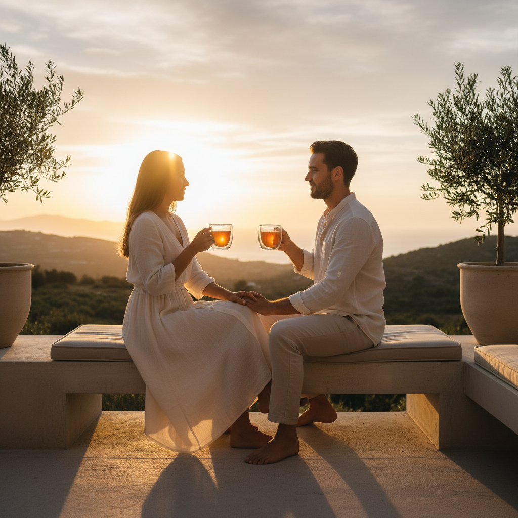 Pareja joven en terraza minimal al atardecer bebiendo té verde atardecer en Toledo en tazas de vidrio de doble pared con luz dorada