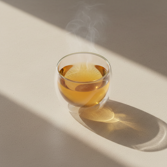 Infusión de jengibre y limón servida en taza de vidrio de doble pared sobre mesa minimal con luz dorada
