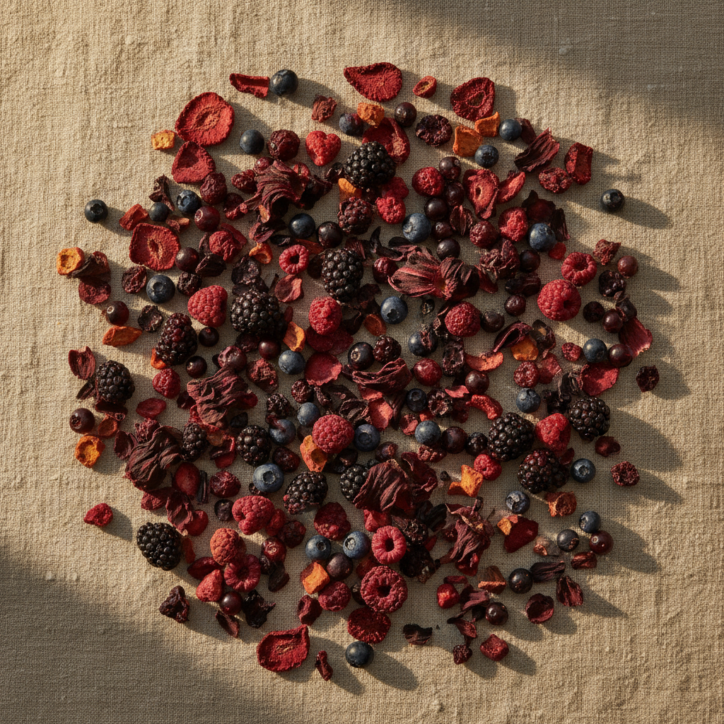 Fresas, frambuesas, moras, arándanos, grosellas negras, hibisco y escaramujo deshidratados sobre lienzo de lino con luz dorada, composición minimalista