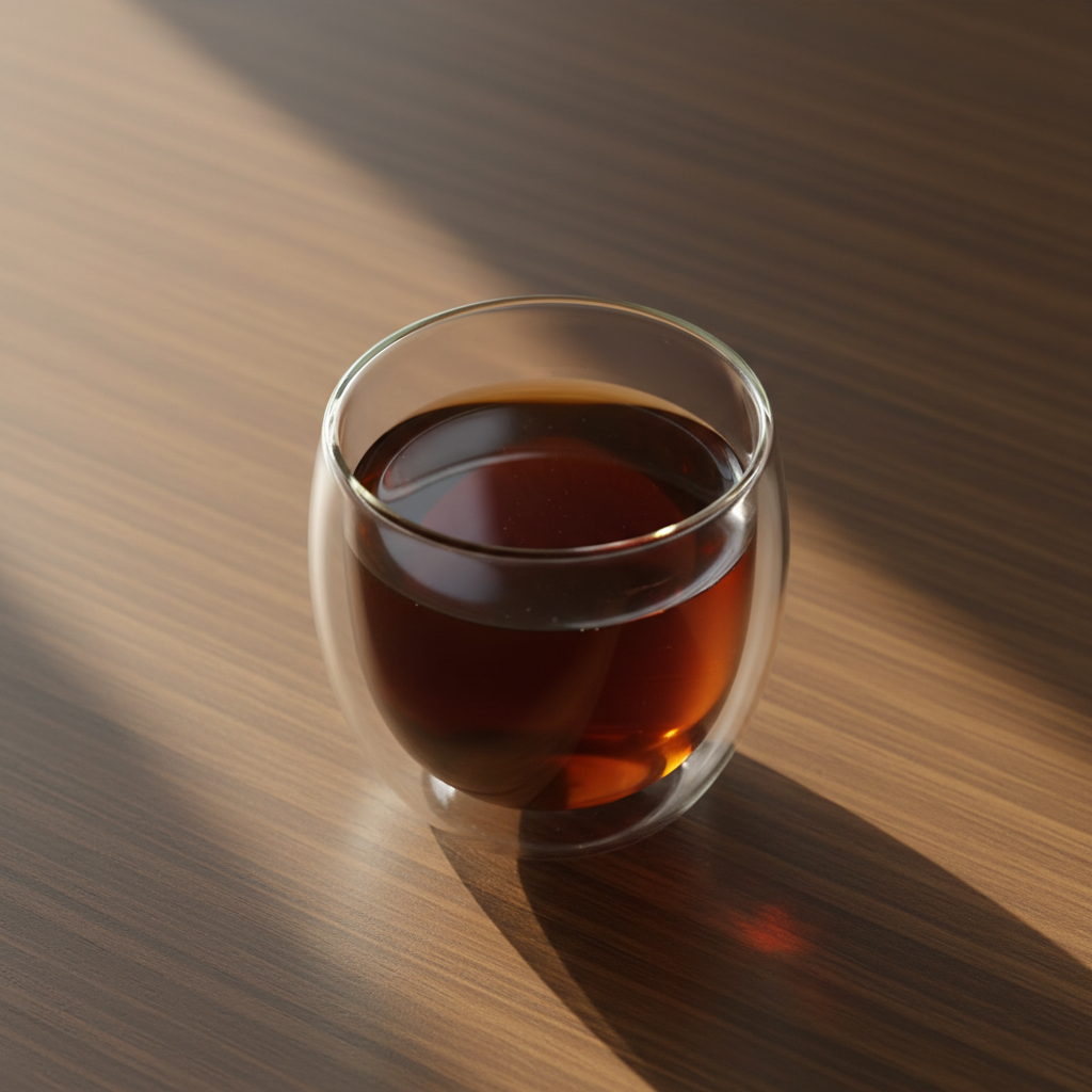 Té negro paquistaní con especias servido en taza de vidrio de doble pared, líquido marrón oscuro con reflejos dorados, mesa de bambú oscuro con luz dorada
