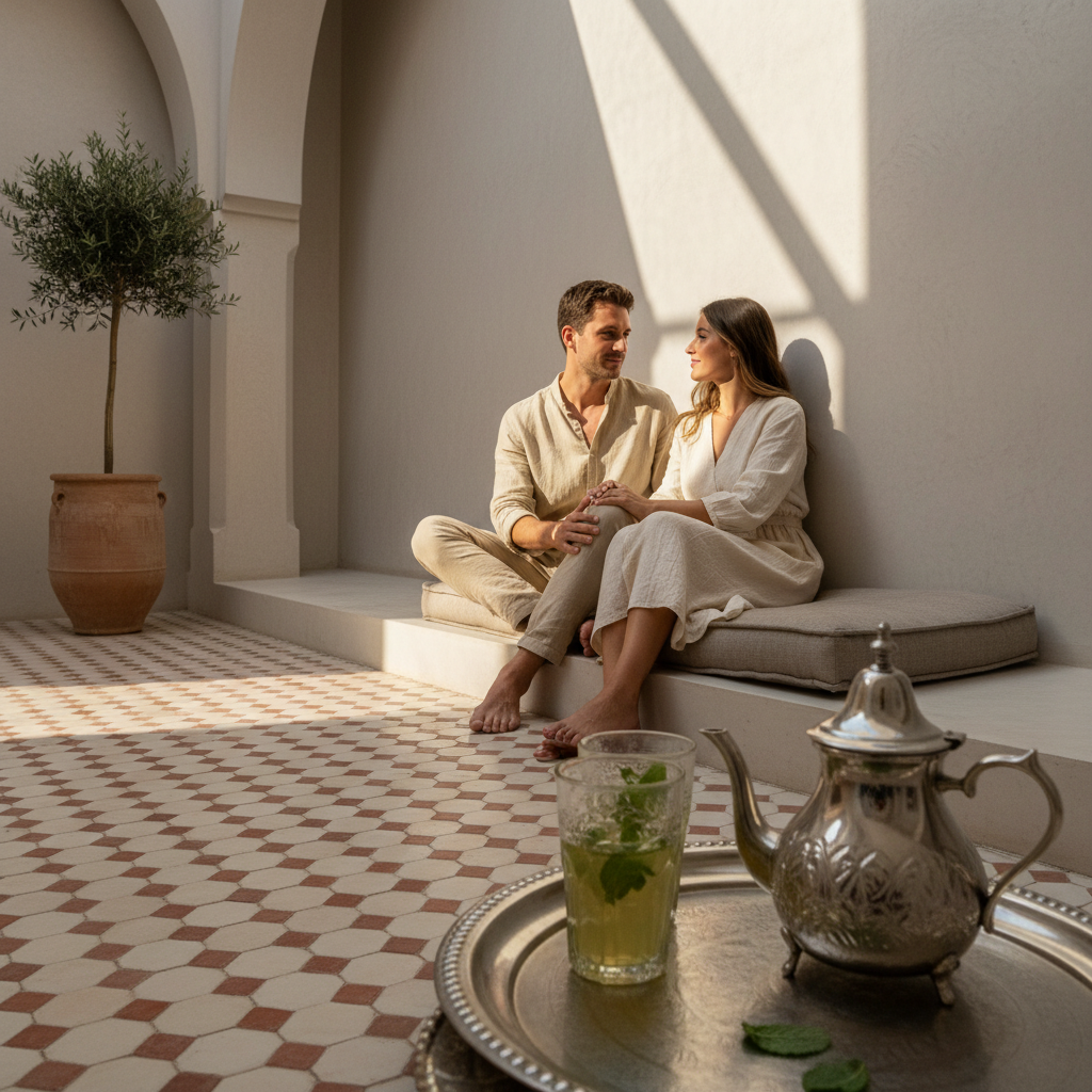 Ritual marroquí completo con tetera plateada, bandeja y vasitos pequeños con arabescos con té verde de menta, pareja joven en riad minimal con luz dorada