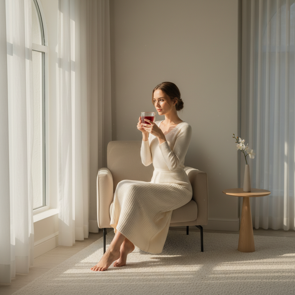 Mujer joven bebiendo infusión de frutas y flor de granada en taza de vidrio de doble pared en espacio minimal con luz dorada