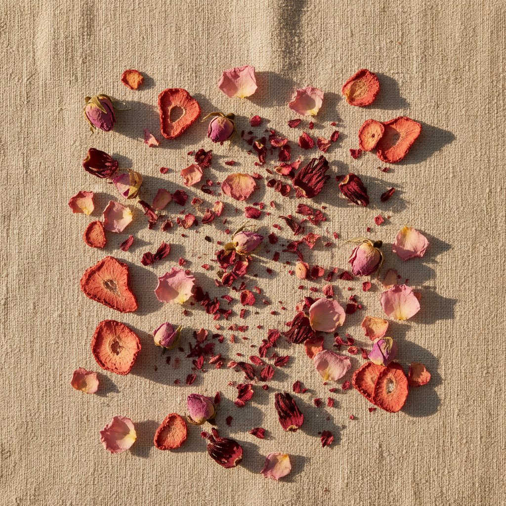 Fresas deshidratadas, pétalos de rosa e hibisco sobre lienzo de lino con luz dorada, composición minimalista