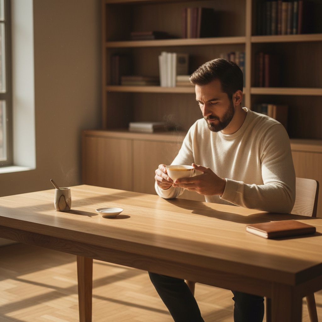 Hombre joven intelectual en estudio minimal premium bebiendo té oolong en taza bone china baja con filo dorado, ámbar dorado, luz dorada sofisticada