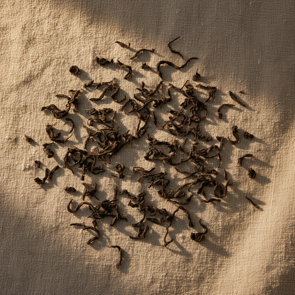 Hojas de té negro sobre lienzo de lino con luz dorada natural, composición minimalista