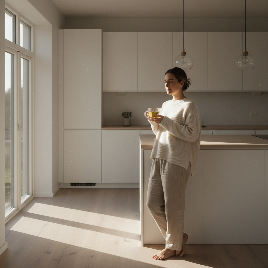 Mujer joven en cocina minimal moderna bebiendo té verde chai con cúrcuma en taza de vidrio de doble pared con luz dorada matutina