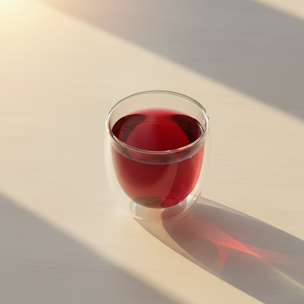 Infusión de frutas y flor de granada servida en taza de vidrio de doble pared sobre mesa minimal con luz dorada