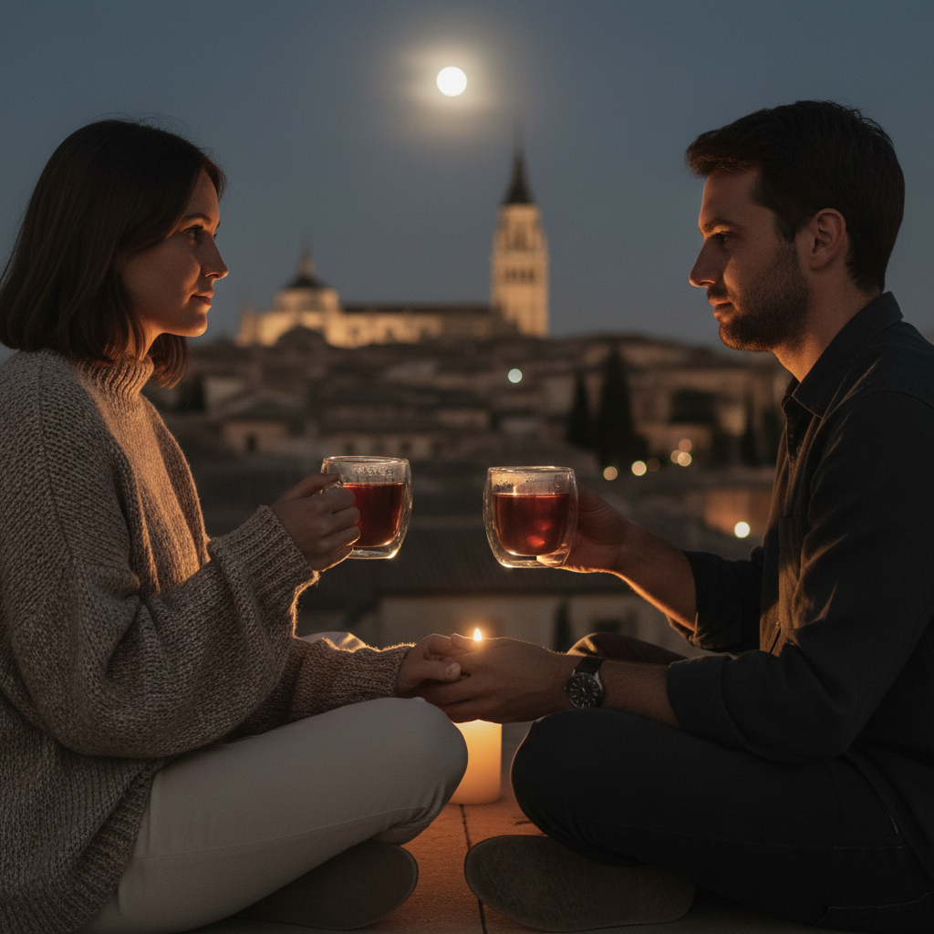 Pareja joven en terraza minimal nocturna con Toledo suavemente insinuado al fondo y luna llena, bebiendo té negro en tazas de vidrio de doble pared, ambiente íntimo y sereno
