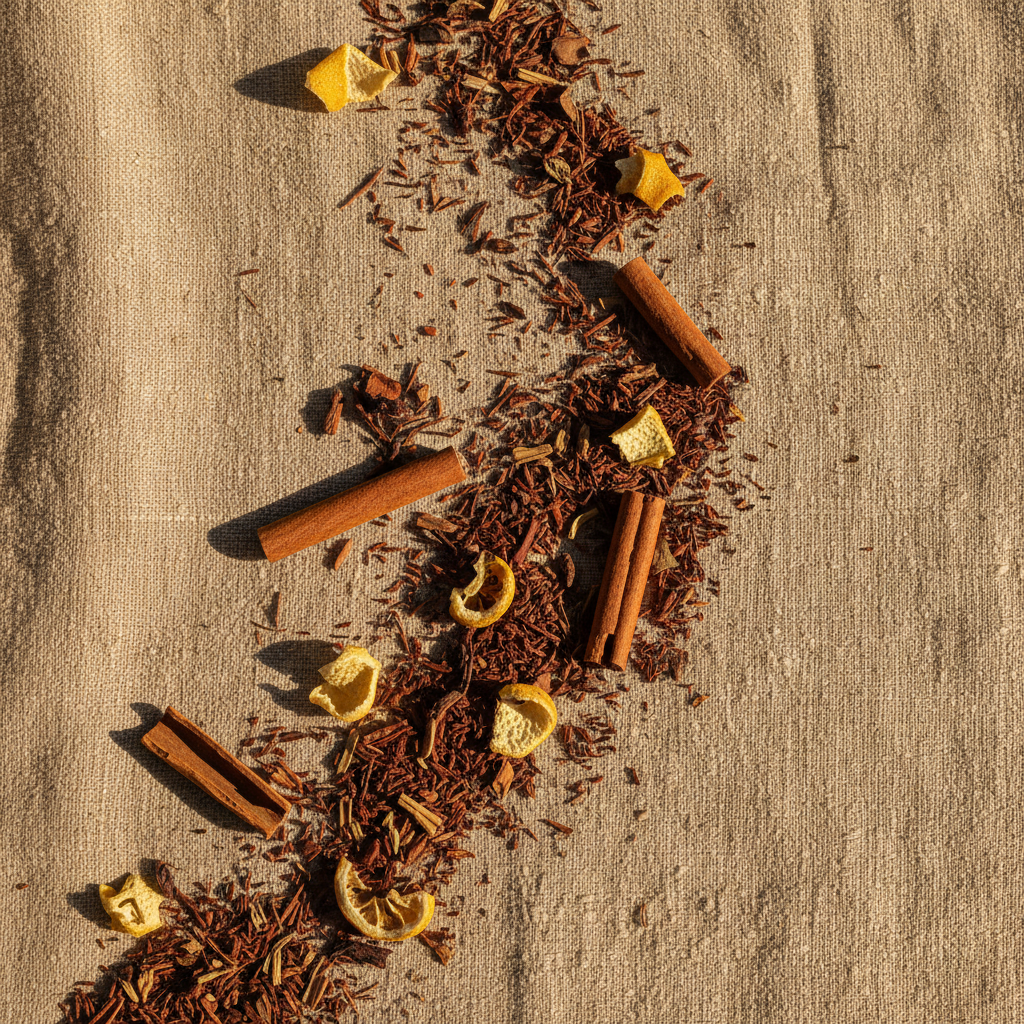Rooibos con canela y cáscara de limón sobre lienzo de lino con luz dorada natural, composición minimalista