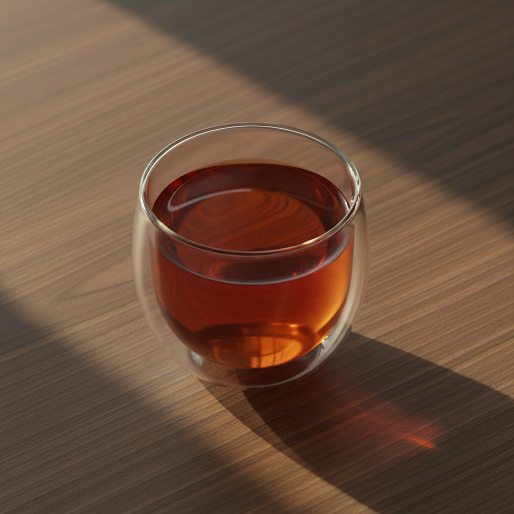 Té rojo con canela y limón servido en taza de vidrio de doble pared, líquido rojo-naranja cálido, mesa de madera oscura con luz dorada