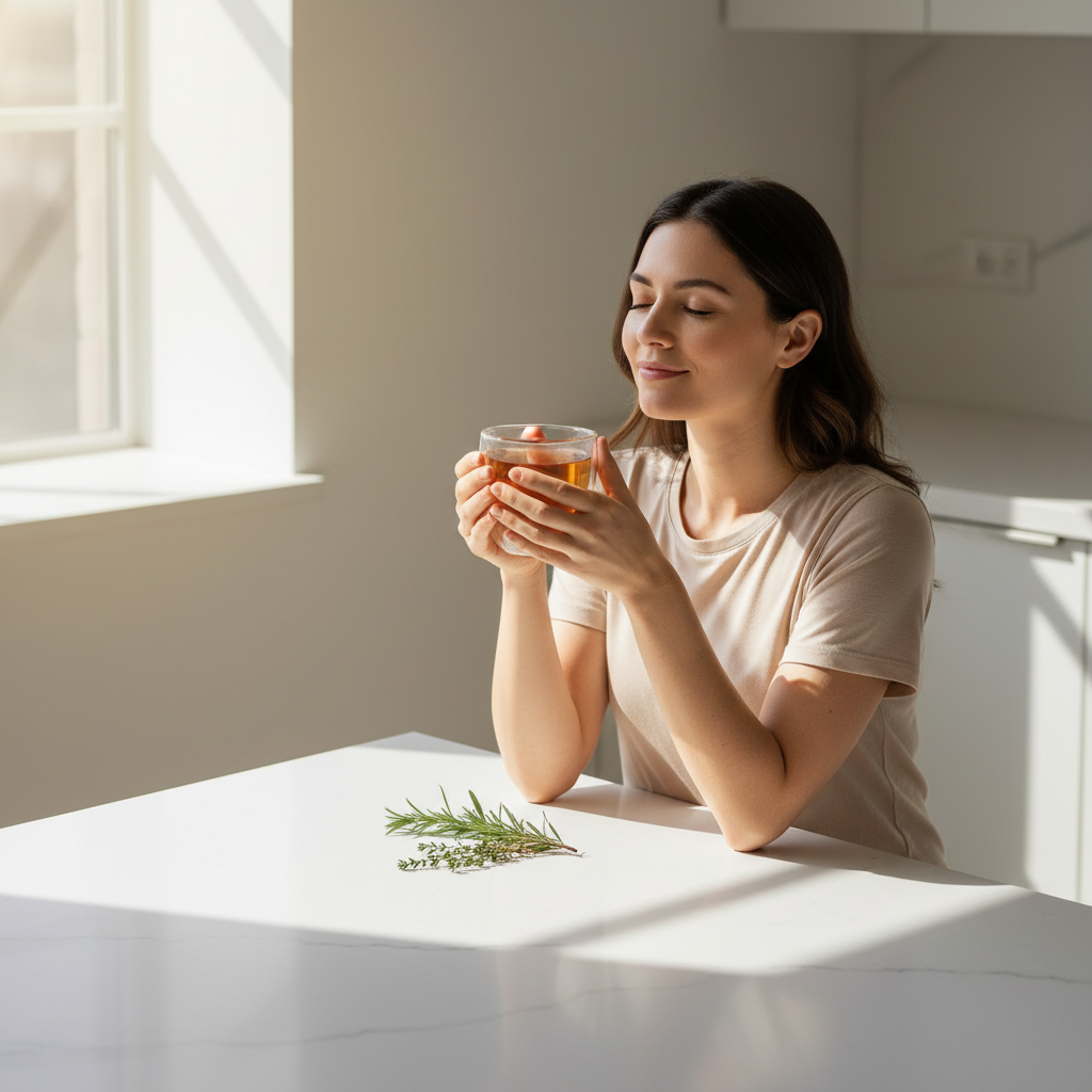 Mujer joven sosteniendo taza de cristal con infusión hepática HEPADEP en cocina minimalista con luz dorada