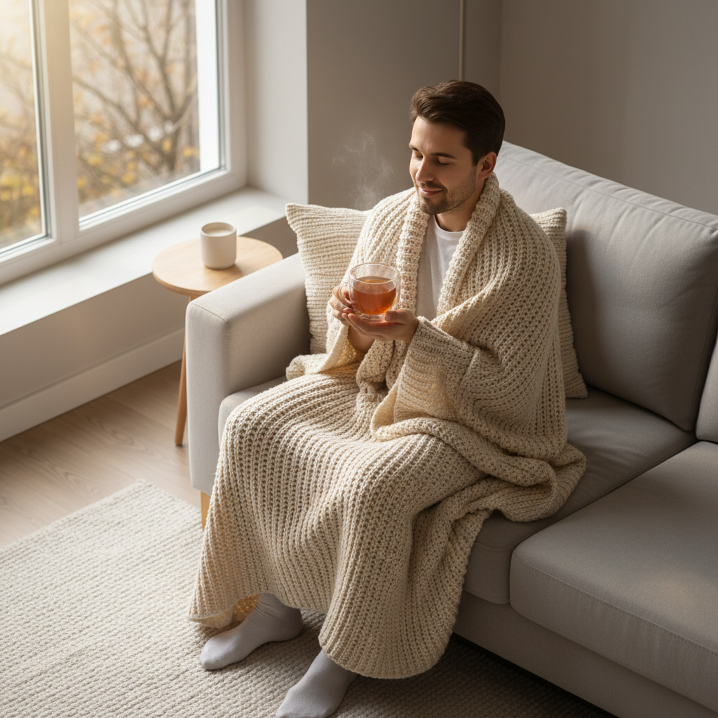 Hombre joven bebiendo decocción de raíz de equínácea en taza de doble vidrio, interior cálido otoñal, ritual de vitalidad estacional