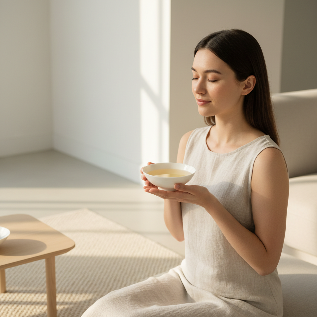 Mujer joven en silencio meditativo en interior premium minimal bebiendo Silver Needle en taza bone china pura, luz dorada etérea