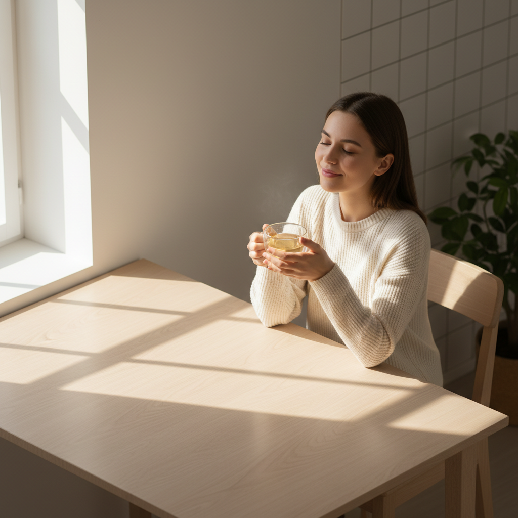 Mujer joven bebiendo infusión de manzanilla en taza de doble vidrio, cocina minimal, momento de confort cotidiano