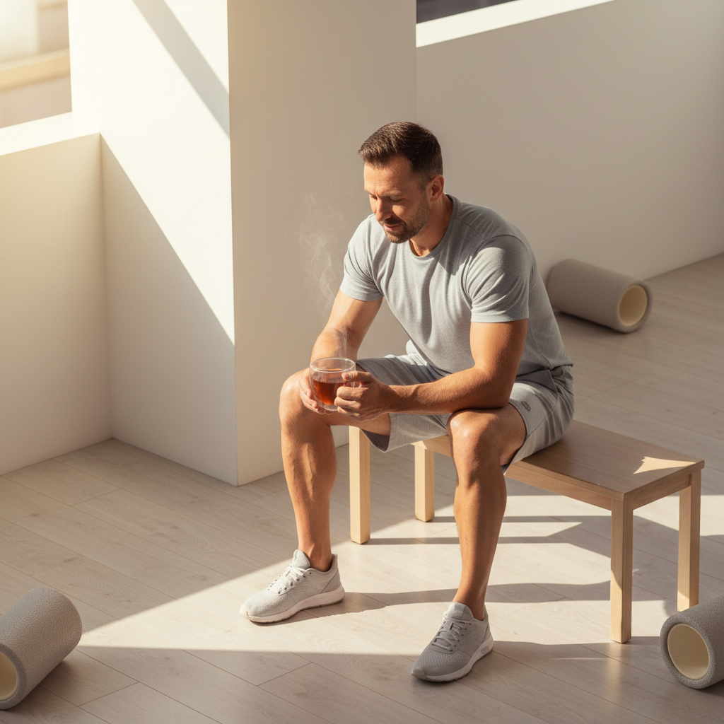 Hombre deportista bebiendo infusión articular RENATEND en taza de cristal tras entrenamiento en espacio minimal