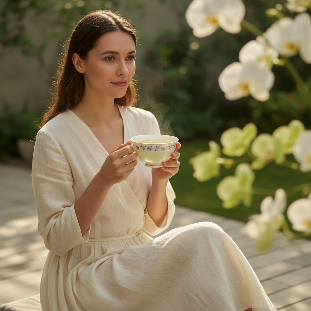 Mujer joven elegante en interior o terraza premium minimal bebiendo té verde orquídea en taza bone china con detalle floral, luz dorada intensa y sofisticada