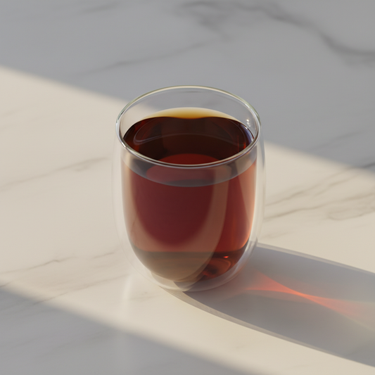 Té negro embrujo toledano servido en taza de vidrio de doble pared, líquido ámbar oscuro intenso, mesa de mármol blanco con luz dorada