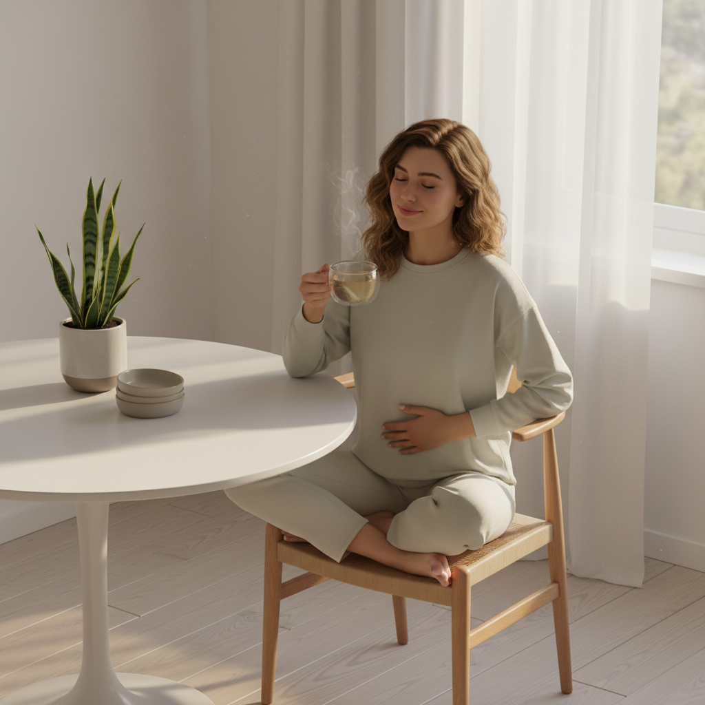 Mujer joven con mano en el estómago bebiendo infusión digestiva DIGESCOL en taza de cristal junto a ventana