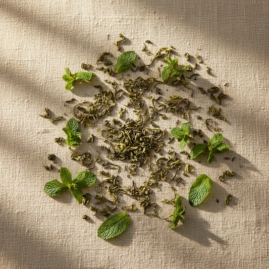 Hojas de té verde y menta sobre lienzo de lino con luz dorada natural, composición minimalista