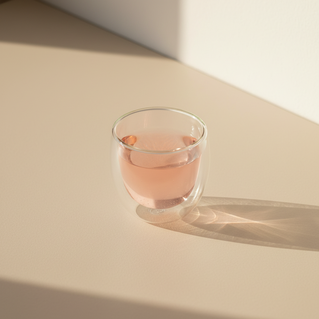 Infusión de fresa y nata servida en taza de vidrio de doble pared, líquido rosa pálido, mesa minimal con luz dorada