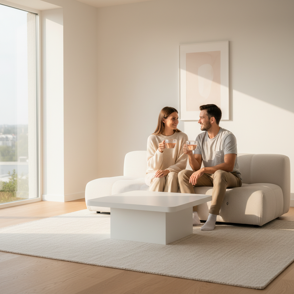 Pareja joven bebiendo infusión de maracuyá y rosa en taza de vidrio de doble pared en salón minimal con luz dorada