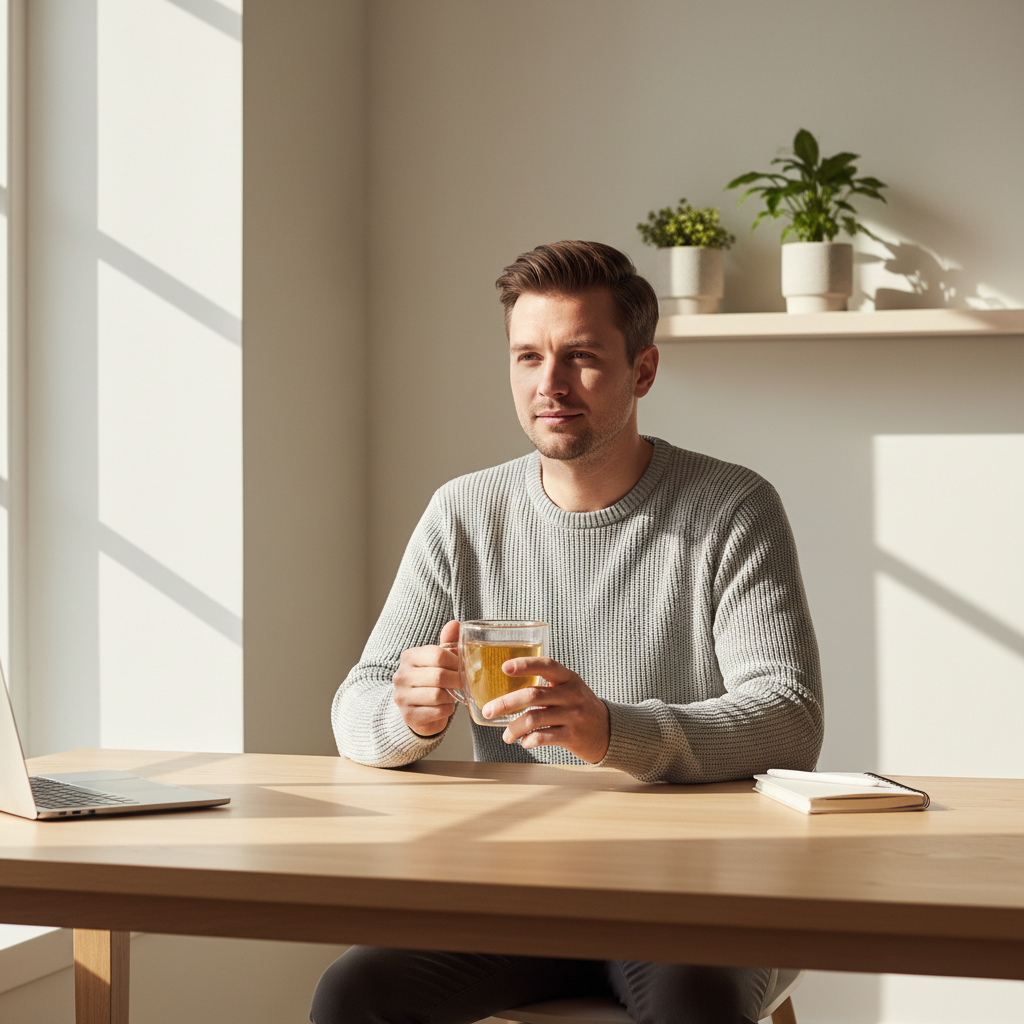 Hombre joven bebiendo infusión de jengibre y limón en taza de vidrio de doble pared en home office minimal con luz dorada matutina