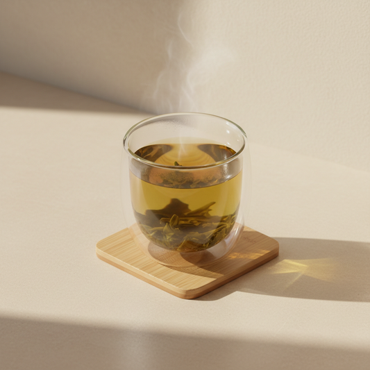 Té verde chai con cúrcuma servido en taza de vidrio de doble pared, líquido dorado-verdoso, mesa de bambú con luz dorada