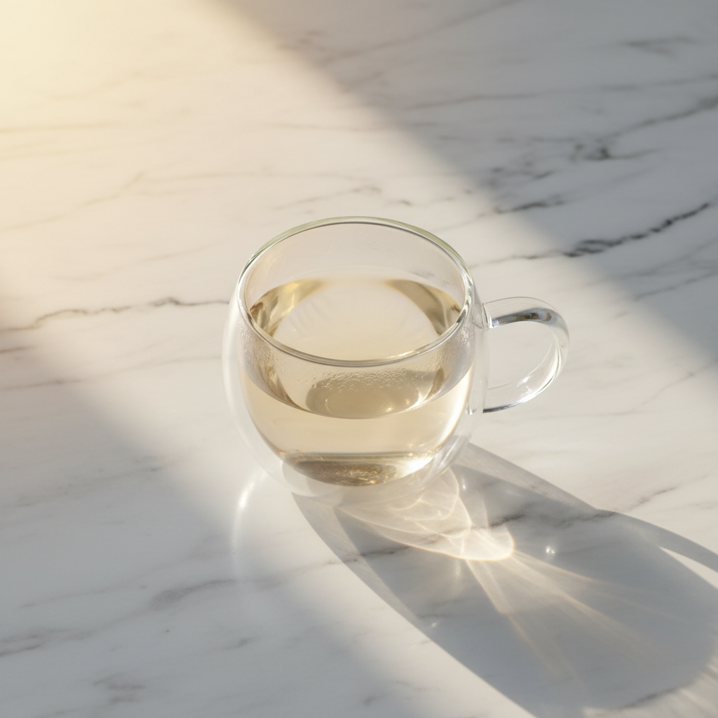 Té blanco Toledo romántico servido en taza de vidrio de doble pared, líquido casi transparente dorado muy pálido, mesa de mármol blanco veteado con luz dorada