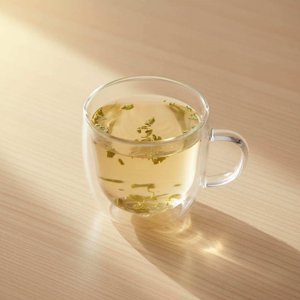 Infusión de melisa en taza de doble vidrio térmico sobre mesa minimal