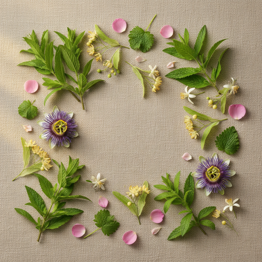 Plantas frescas RELINSOM: hierbaluisa, melisa, pasiflora, flor de azahar, pétalos de rosa y tila sobre lienzo de lino
