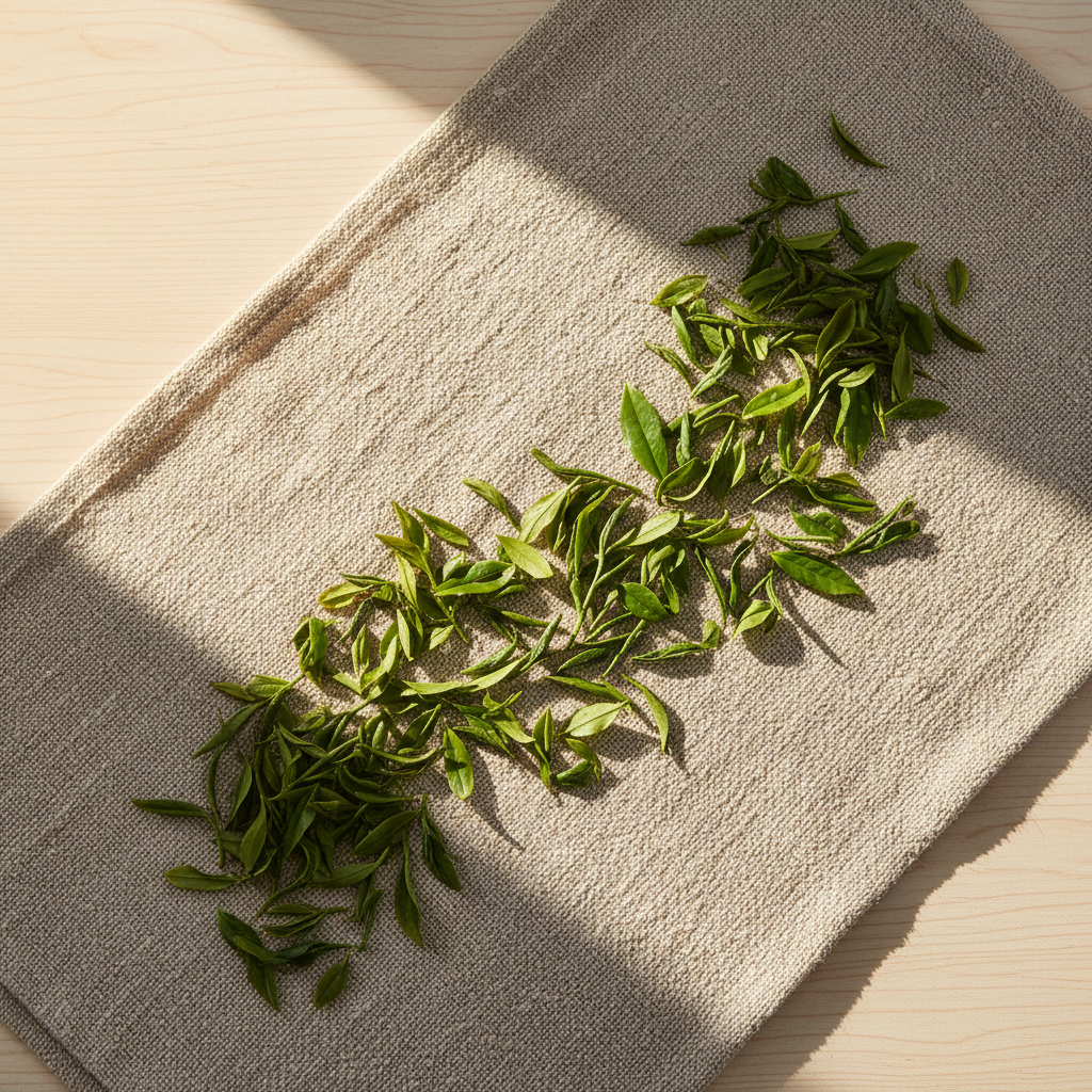 Hojas de té verde sobre lienzo de lino con luz dorada natural, composición minimalista